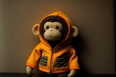 bright orange yellow plush toy monkey in leather jacket, created with generative aiの素材