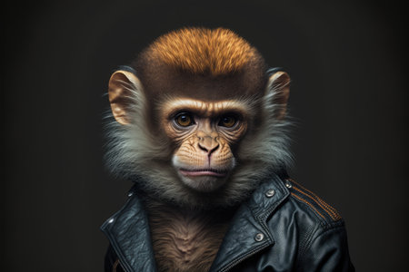 facial portrait of cheecher monkey in leather jacket isolated on black background, created with generative aiの素材