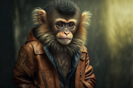 jungle animal with coat in form of monkey in leather jacket, created with generative aiの素材