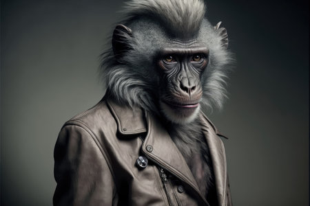fashionable grey-haired baboon in coat monkey in leather jacket, created with generative aiの素材