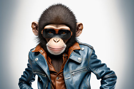 bright funny monkey in leather jacket isolated on white background, created with generative aiの素材
