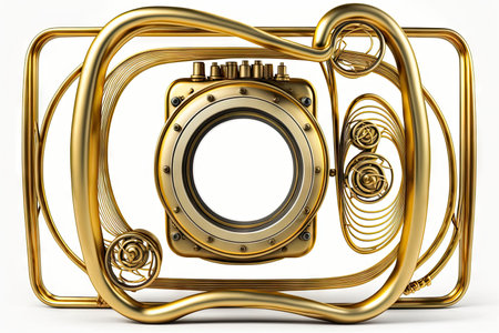 golden steel detector frame with search coils isolated on white background, created with generative aiの素材