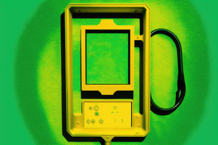 bright yellow metal detector frame searched for gold on green background, created with generative aiの素材