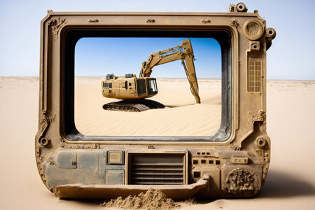 supervision of mine work excavator in sand metal detector frame, created with generative aiの素材