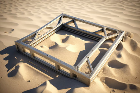 scattered metal detector frame on sand in bright sunlight, created with generative aiの素材