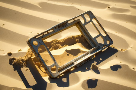 scattered metal detector frame on sand in bright sunlight, created with generative aiの素材