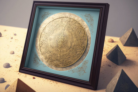 beautiful artifact with ornament and ancient text in sand metal detector frame on light background, created with generative aiの素材