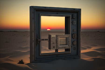 minimalist frame of metal detector and automatic magnet at sunset, created with generative aiの素材