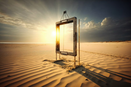metal detector frame on illuminated sand beach in rays of sun, created with generative aiの素材