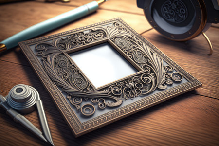 beautiful intricate metal detector frame with ornament on wooden desk, created with generative aiの素材