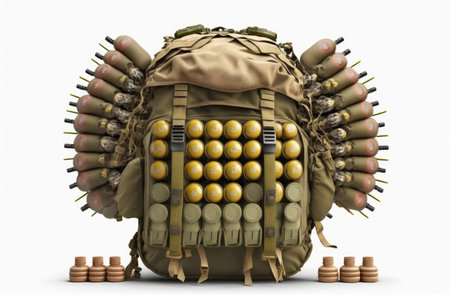 military backpack with load and large number of ammunition isolated on white background, created with generative aiの素材