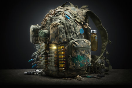 military backpack with camouflage print and loaded with ammunition, created with generative aiの素材