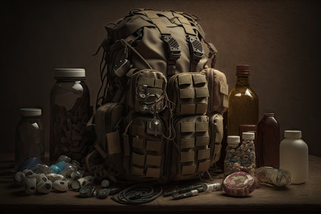 military special forces desert backpack with medical supplies and weapons, created with generative aiの素材