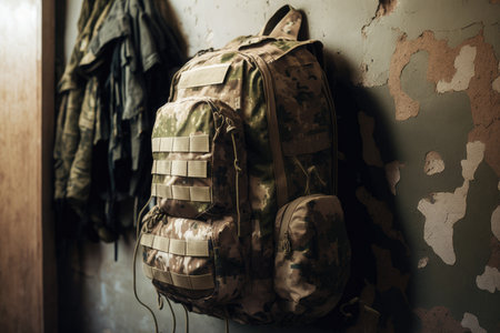 military backpack with camouflage print hanging on wall of barracks, created with generative aiの素材
