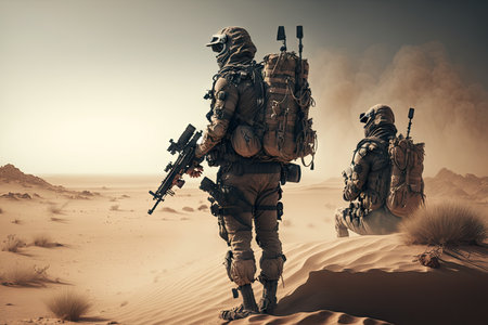 armed military men with automatic machine gun in desert with military backpack, created with generative aiの素材