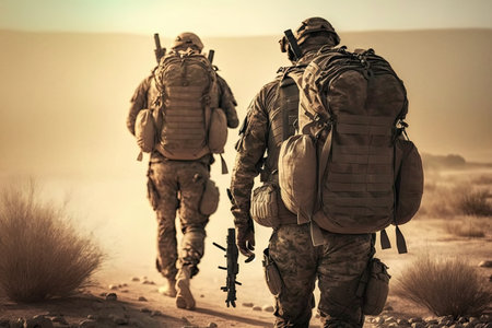 armed military men with combat uniform and gun go to war with military backpack, created with generative aiの素材