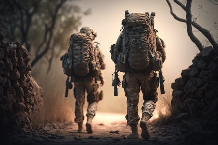 armed military men with combat uniform and gun go to war with military backpack, created with generative aiの素材
