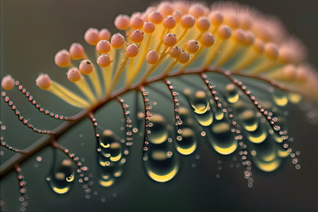 a close-up of a delicate mimosa blossom, with dew drops sparkling on its petals., created with generative aiの素材