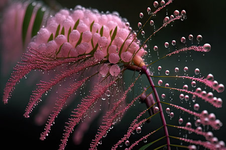 a close-up of a vibrant pink mimosa blossom, with dew drops still clinging to the petals., created with generative aiの素材