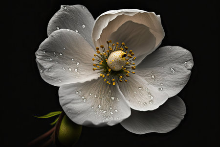 a close-up of a single white blossom against stark black background, with dew drops on the petals., created with generative aiの素材