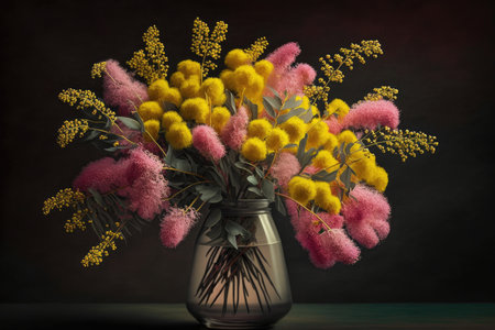 a bouquet of mimosa flowers in shades of pink and yellow, arranged artfully in a vase., created with generative aiの素材