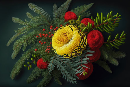 a bouquet of fresh mimosa blooms, with a single red rose in the center for contrast, created with generative aiの素材
