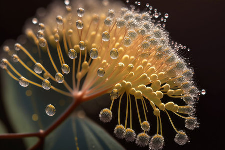 a close-up of a single mimosa blossom, with dew drops glistening in the morning light., created with generative aiの素材