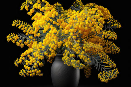 a bouquet of delicate mimosa flowers in a vase, ready to be gifted., created with generative aiの素材