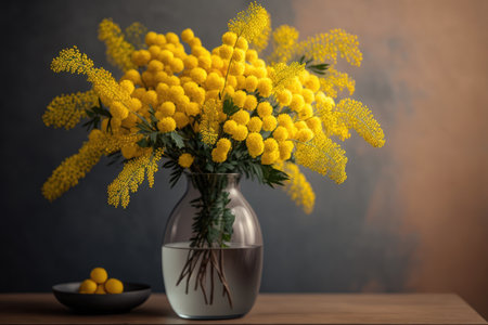 a bouquet of delicate mimosa flowers in a vase, ready to be gifted., created with generative aiの素材