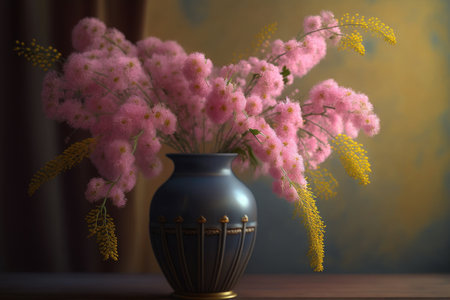 a bouquet of delicate pink mimosa flowers in a vase., created with generative aiの素材