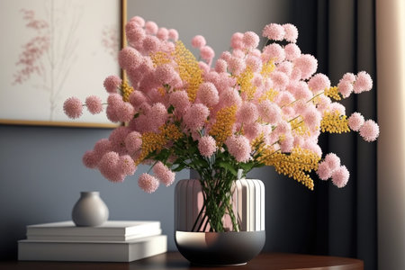 a bouquet of delicate pink mimosa flowers in a vase., created with generative aiの素材