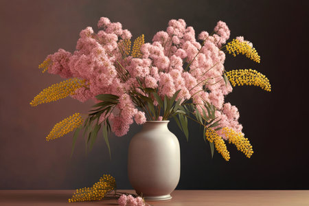 a bouquet of delicate pink mimosa flowers in a vase., created with generative aiの素材