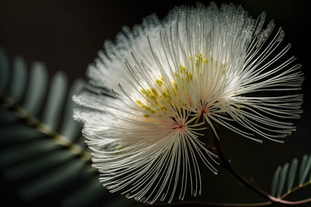 a close-up of a delicate mimosa blossom, with its feathery petals and sweet scent., created with generative aiの素材