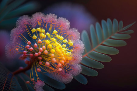a close-up of the delicate petals and vibrant colors of a mimosa flower., created with generative aiの素材
