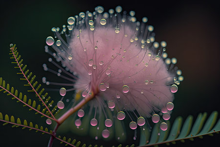 a close-up of a mimosa flower with its delicate pink petals and dew drops on the surface., created with generative aiの素材