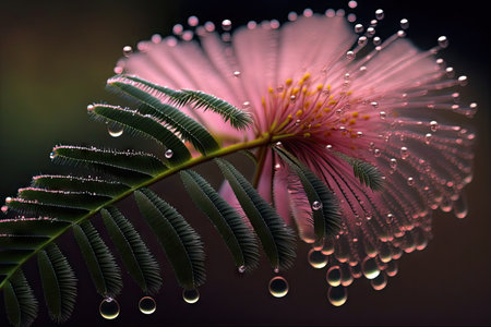 a close-up of a mimosa flower with its delicate pink petals and dew drops on the surface., created with generative aiの素材