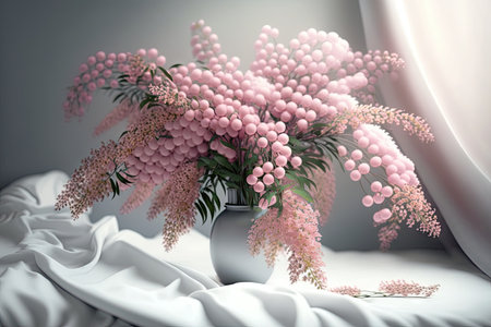 a bouquet of delicate pink mimosa flowers in a vase on a bed of white satin., created with generative aiの素材