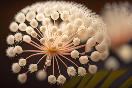 close-up of a single mimosa flower, with its intricate and delicate petals., created with generative aiの素材