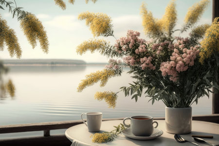 a romantic morning scene with mimosa flowers and a lake in the background, created with generative aiの素材
