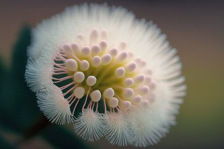 a close-up of a mimosa flower, with its fluffy white petals and delicate pink centers., created with generative aiの素材