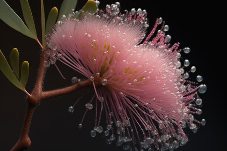 a close-up of a single pink mimosa blossom, with dew drops clinging to the petals., created with generative aiの素材