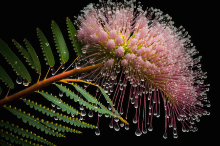 a close-up of a single pink mimosa blossom, with dew drops clinging to the petals., created with generative aiの素材