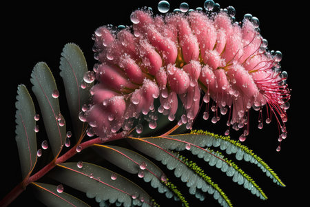 a close-up of a single pink mimosa blossom, with dew drops clinging to the petals., created with generative aiの素材