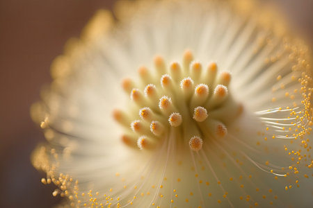 a close-up of a single mimosa flower, with its delicate petals and shimmering pollen., created with generative aiの素材