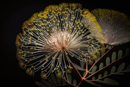 a close-up shot of a mimosa flower in full bloom, with its delicate petals and intricate patterns., created with generative aiの素材