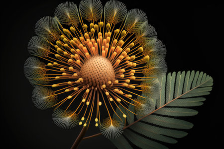 close-up of a single mimosa flower, with its delicate petals and intricate patterns., created with generative aiの素材