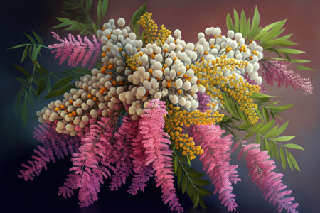 an artistically arranged bouquet of mimosa flowers in shades of pink and white., created with generative aiの素材