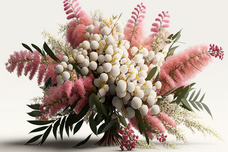 an artistically arranged bouquet of mimosa flowers in shades of pink and white., created with generative aiの素材