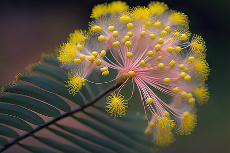 a close-up of a mimosa flower, with its delicate pink petals and yellow stamens., created with generative aiの素材
