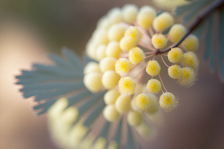 a closeup of a single mimosa flower, with its soft petals and delicate scent., created with generative aiの素材